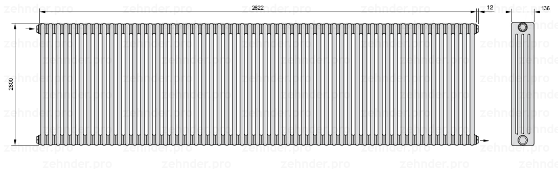 Схема (чертеж) Радиатор Zehnder Charleston 4280/57 №1670 Белый глянцевый RAL 9016